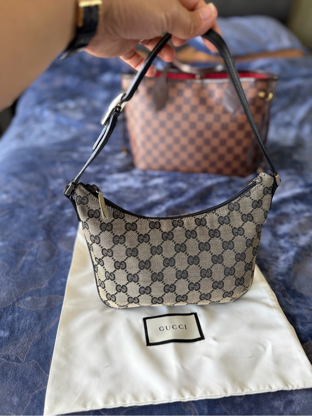 Gucci Beige/Black GG Supreme Mini Shoulder Bag with Black Strap